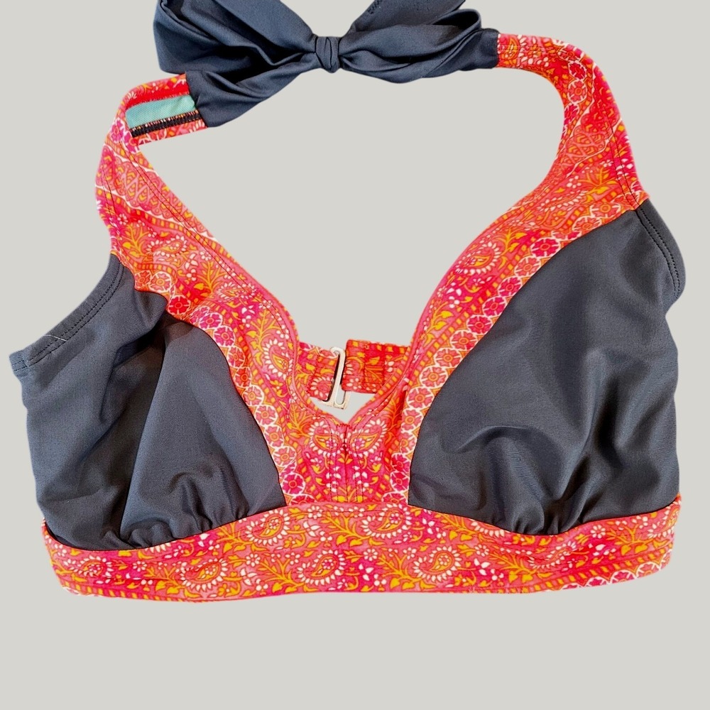 Athleta Underwire Bikini Top Only 34D/DD Gray Orange Paisley Halter Bowback st23